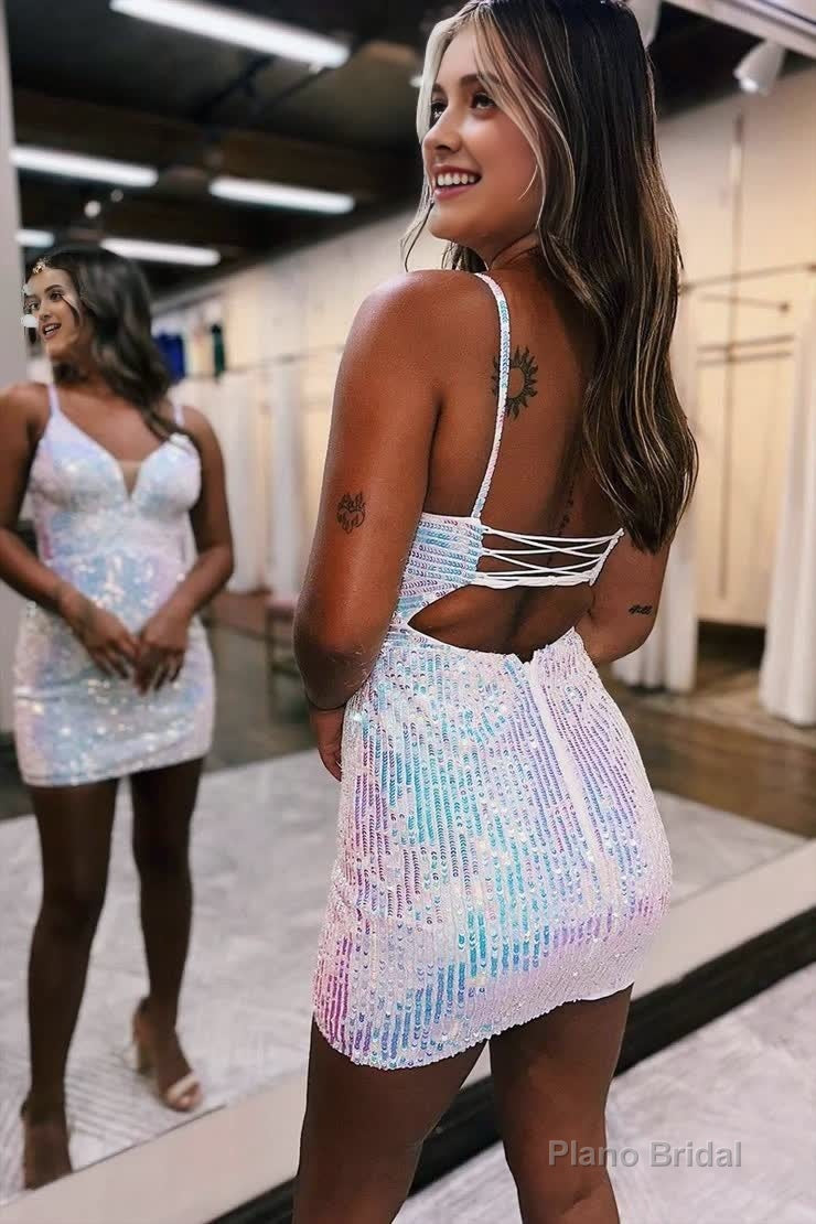 Fitted V-Neck Spaghetti Straps Sequined Homecoming Dress Secondary image