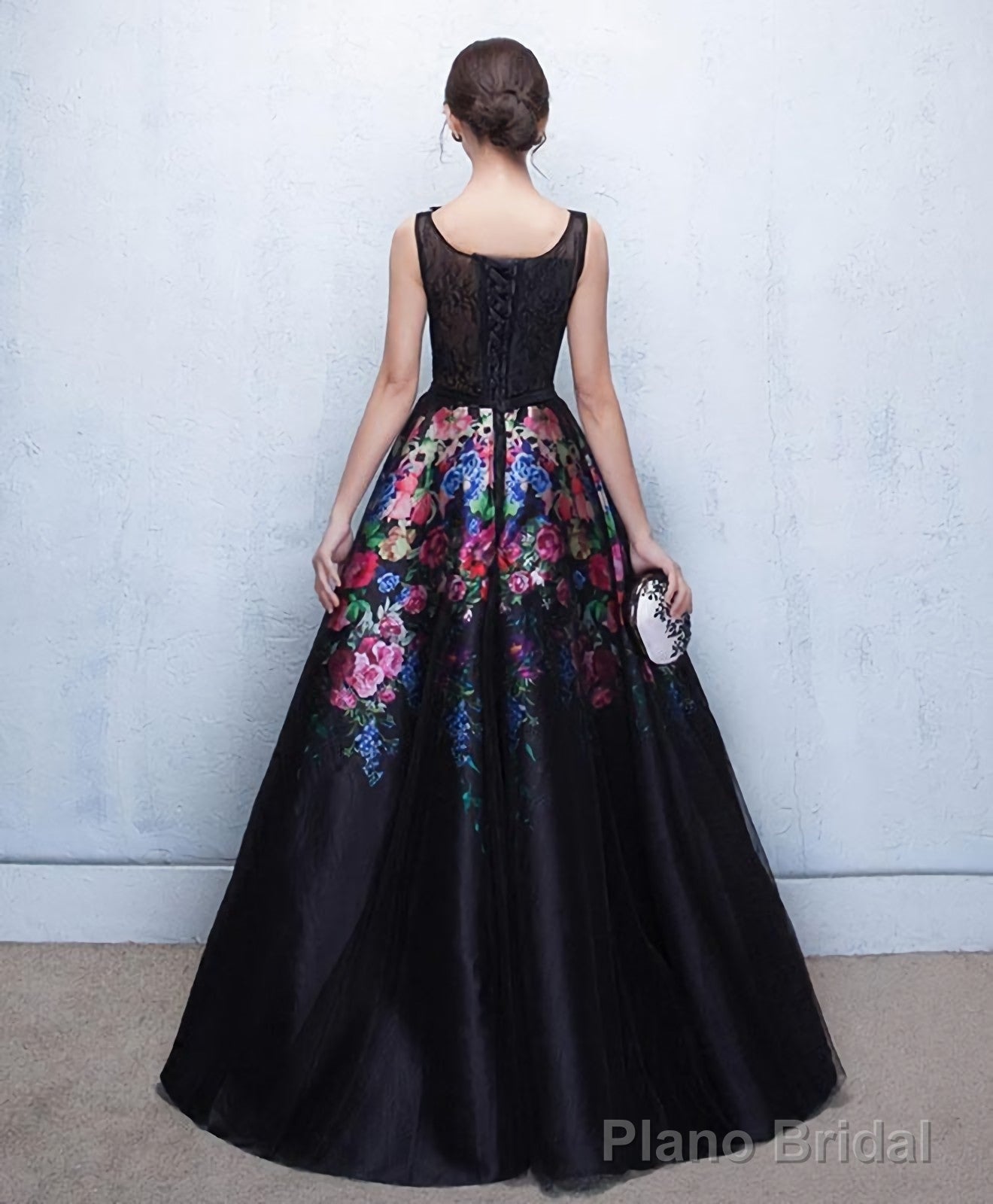 Black Floral Patterns Long Prom Dress Black Evening Dress Secondary image