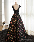 Black Lace Floral Patterns Long Prom Dress, Black Evening Dress
