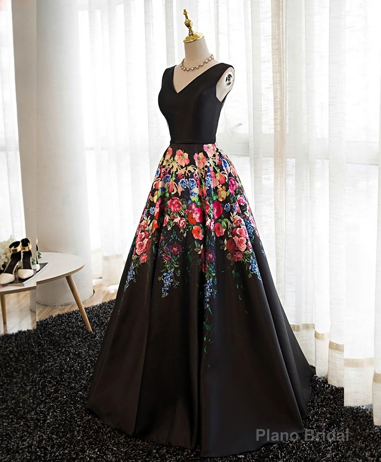 Black V Neck Floral Patterns Long Prom Dress, Black Evening Dress Main image
