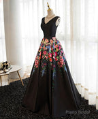 Black V Neck Floral Patterns Long Prom Dress, Black Evening Dress