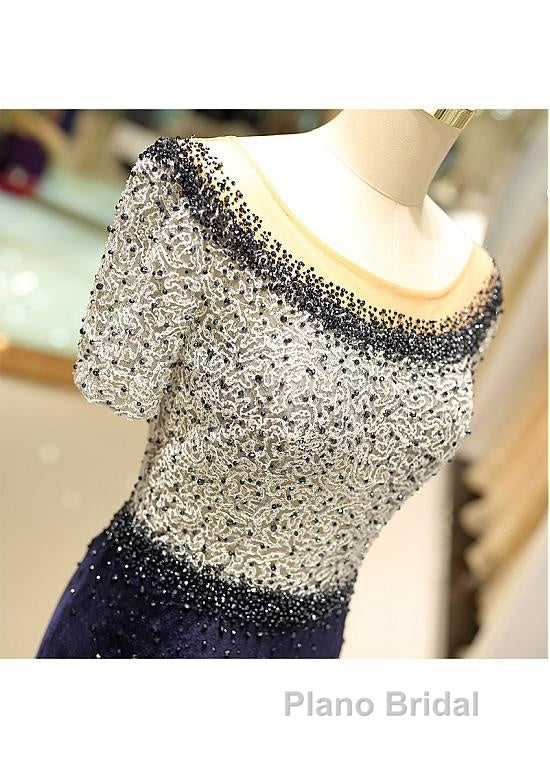Fleece & Lace Scoop Short Sleeve Mermaid Evening Dresses