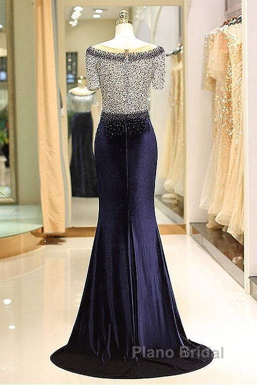 Fleece & Lace Scoop Short Sleeve Mermaid Evening Dresses