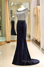 Fleece & Lace Scoop Short Sleeve Mermaid Evening Dresses