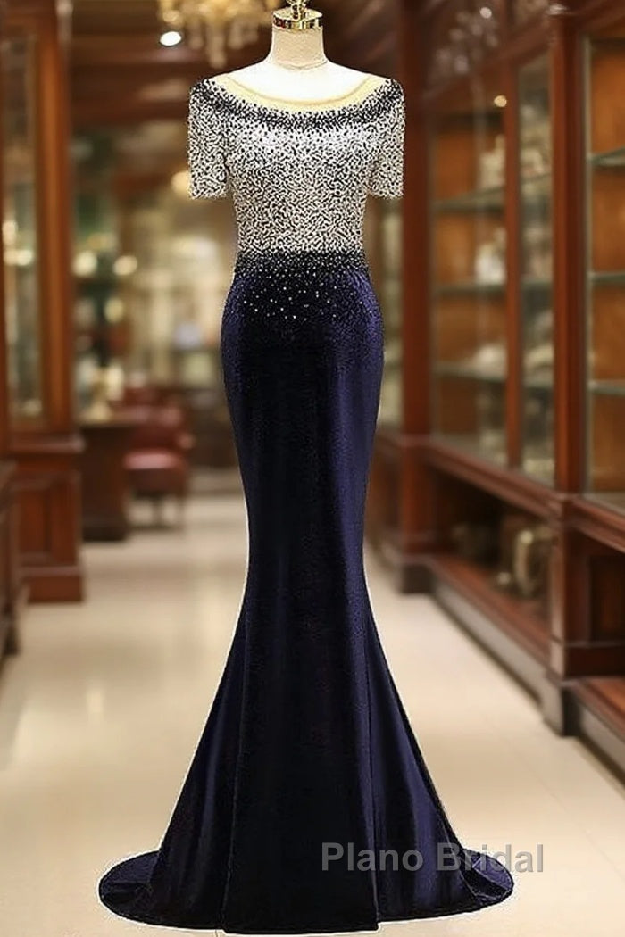 Fleece & Lace Scoop Short Sleeve Mermaid Evening Dresses