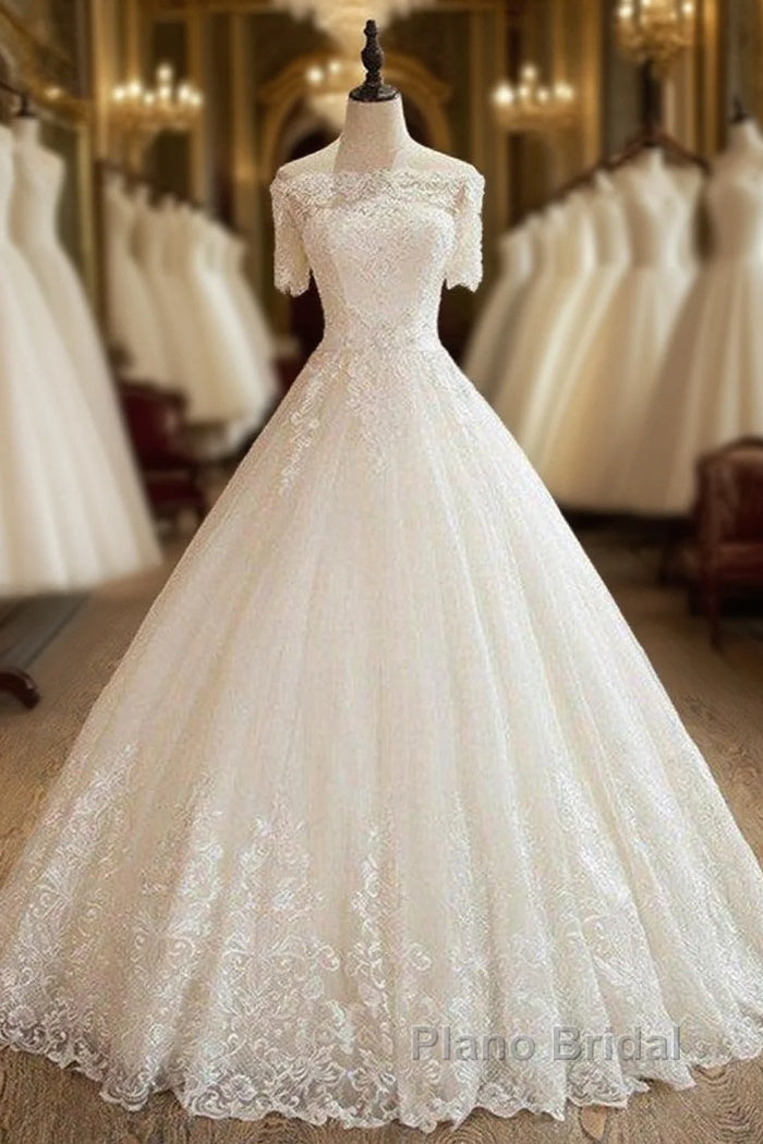 Floor Length Applique Ball Gown Off the Shoulder Lace Tulle 1/2 Sleeves Wedding Dresses Main image
