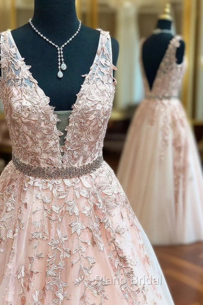 Floor Length Blush Pink Formal Prom Dresses With Lace Appliques Main image