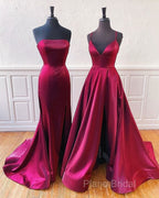 Floor Length Long Satin Burgundy Formal Prom Dresses With Split