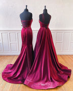 Floor Length Long Satin Burgundy Formal Prom Dresses With Split