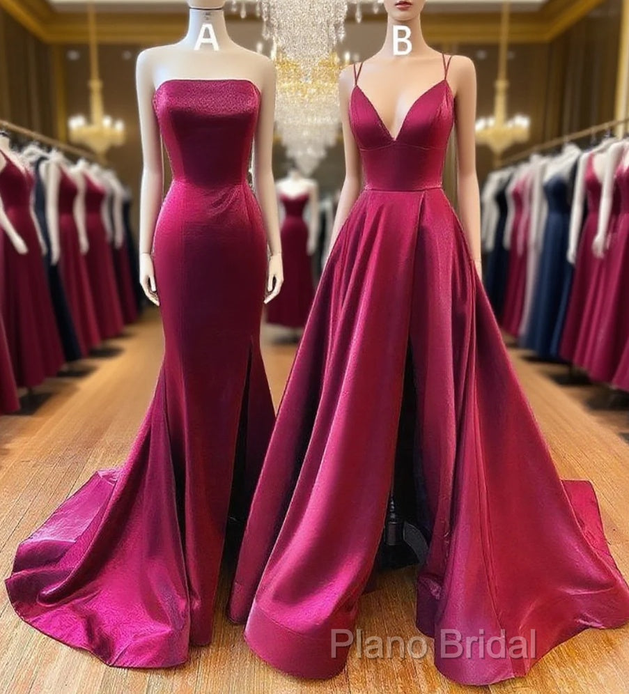 Floor Length Long Satin Burgundy Formal Prom Dresses With Split Main image