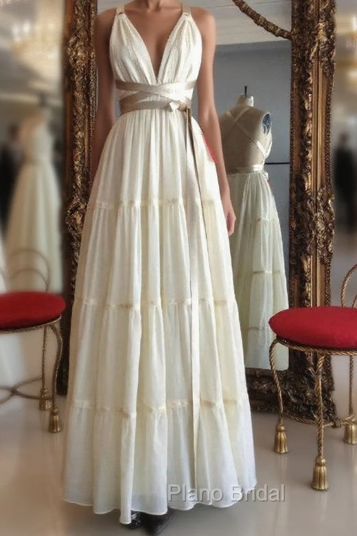 Floor Length Vintage Wedding Dresses V-neck Backless With Belt