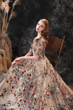 Floral Embroidery Long Tulle Short Sleeve Train Prom Dresses