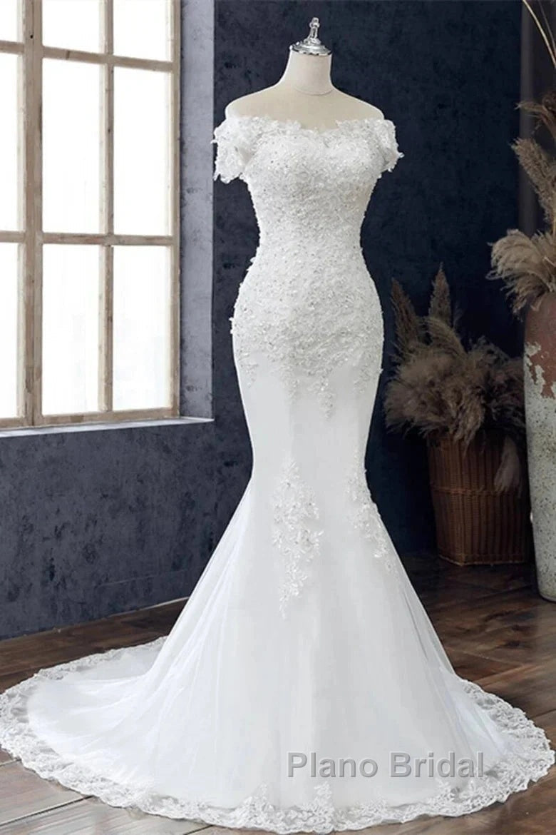Floral Lace Off-The-Shoulder Trumpet Wedding Dresses