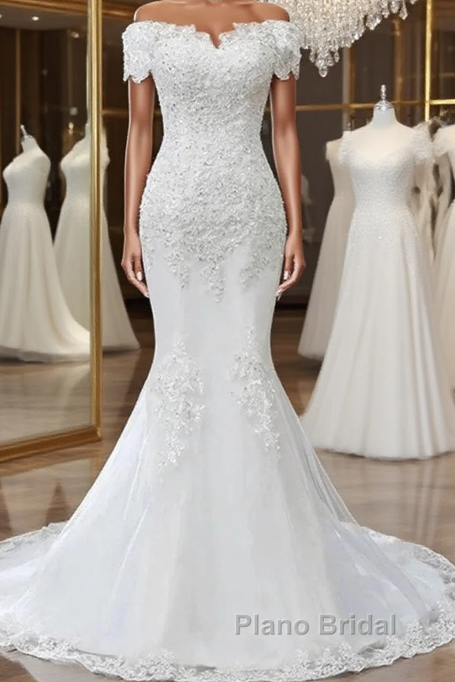 Floral Lace Off-The-Shoulder Trumpet Wedding Dresses Main image