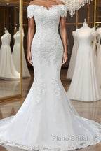 Floral Lace Off-The-Shoulder Trumpet Wedding Dresses