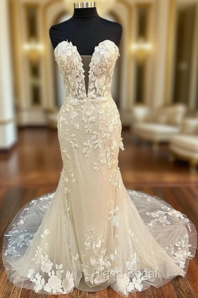 Floral Lace Strapless Mermaid Long Bridal Gown Wedding Dresses Off Shoulder Main image