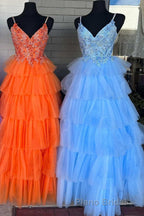 Floral Lace V-Neck Multi-Tiered A-Line Formal Prom Dresses