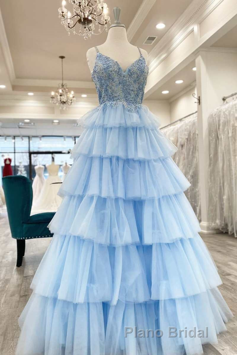 Floral Lace V-Neck Multi-Tiered A-Line Formal Prom Dresses