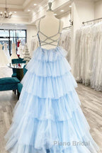 Floral Lace V-Neck Multi-Tiered A-Line Formal Prom Dresses