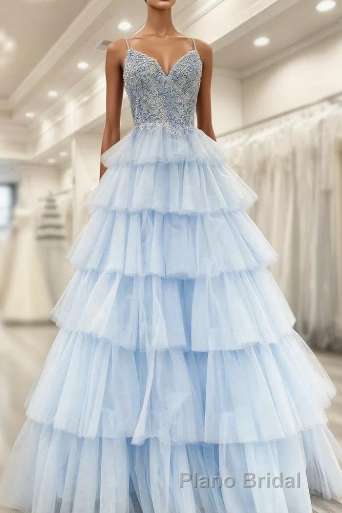 Floral Lace V-Neck Multi-Tiered A-Line Formal Prom Dresses