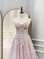 Floral Strapless Pink Lace Appliques Long Formal Prom Dresses
