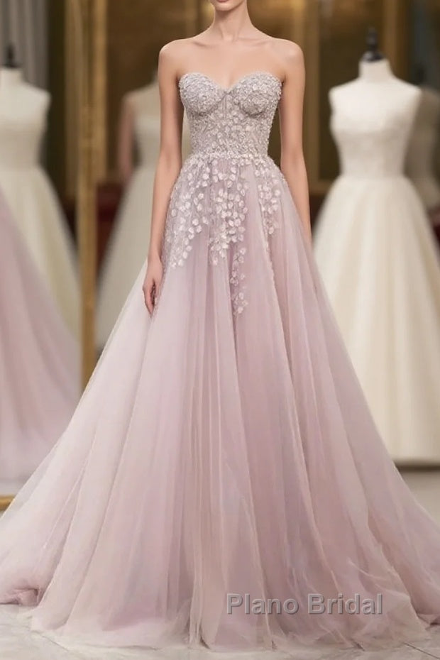 Floral Strapless Pink Lace Appliques Long Formal Prom Dresses Main image