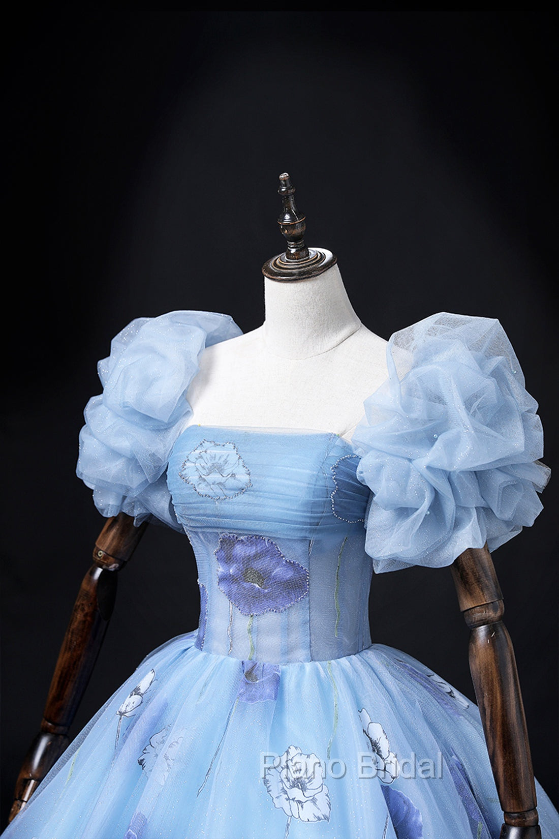 Floral Tulle Long Formal Prom Dresses, Blue Short Sleeve Evening Dresses Secondary image