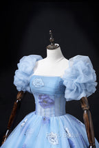 Floral Tulle Long Formal Prom Dresses, Blue Short Sleeve Evening Dresses