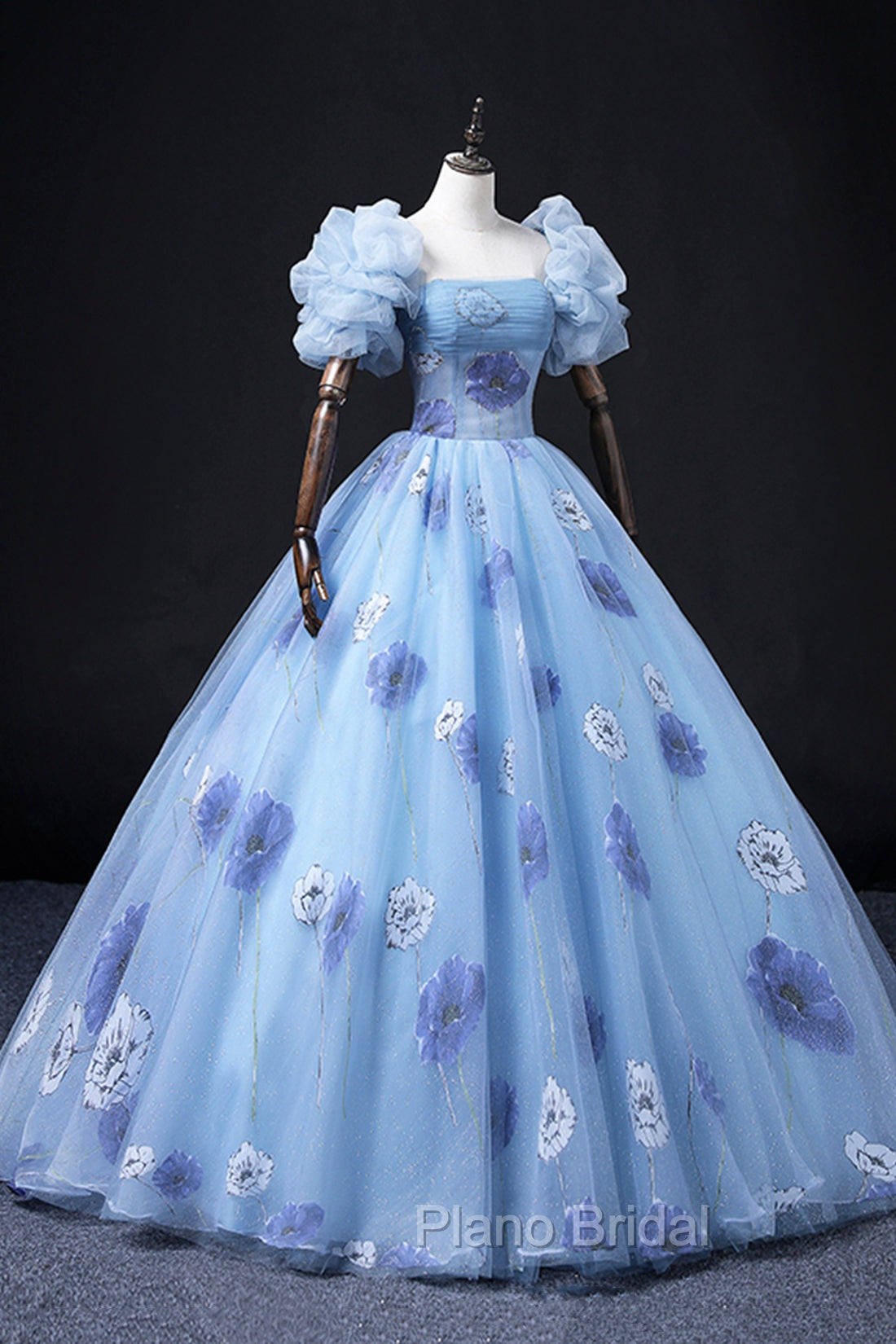 Floral Tulle Long Formal Prom Dresses, Blue Short Sleeve Evening Dresses