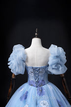 Floral Tulle Long Formal Prom Dresses, Blue Short Sleeve Evening Dresses