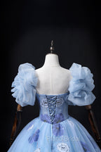 Floral Tulle Long Formal Prom Dresses, Blue Short Sleeve Evening Dresses