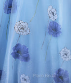 Floral Tulle Long Formal Prom Dresses, Blue Short Sleeve Evening Dresses