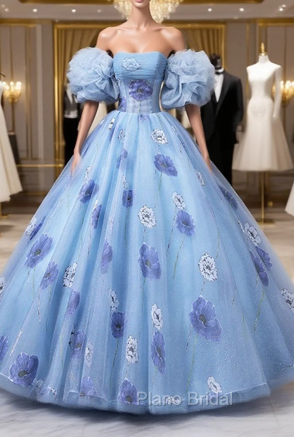 Floral Tulle Long Formal Prom Dresses, Blue Short Sleeve Evening Dresses Main image