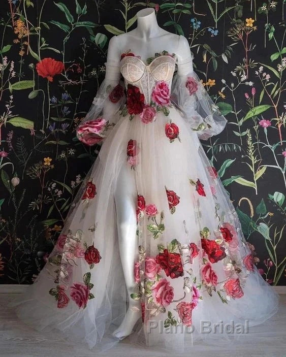 Flowers Appliques Princess A Line Champagne Formal Prom Dresses With Slit