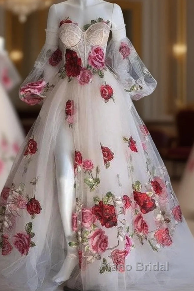 Flowers Appliques Princess A Line Champagne Formal Prom Dresses With Slit Main image