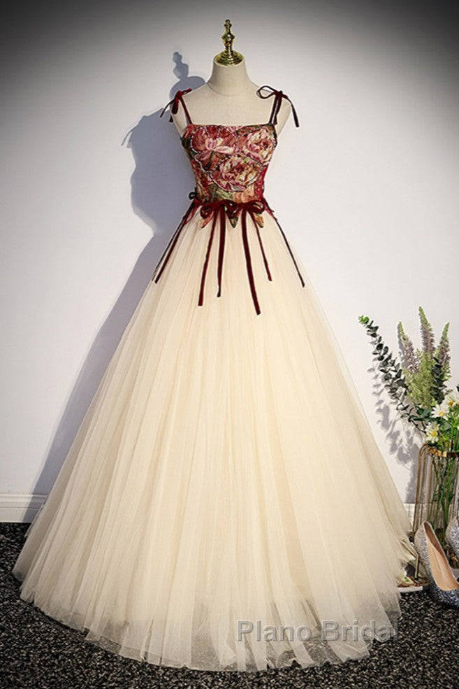 Flowers Champagne Long Tulle Formal Prom Dresses with Straps Secondary image