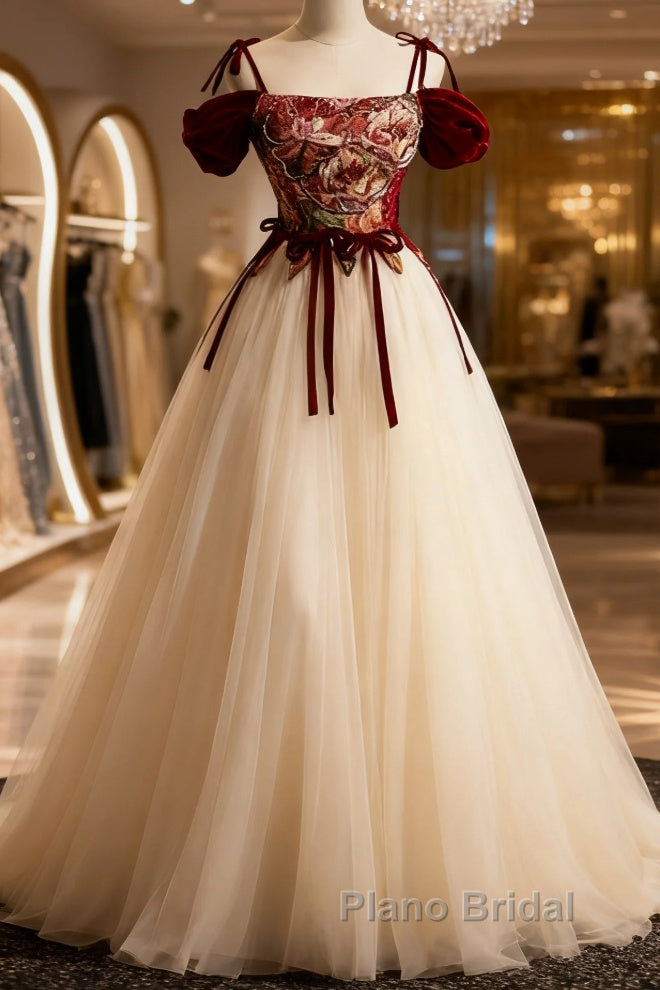 Flowers Champagne Long Tulle Formal Prom Dresses with Straps Main image