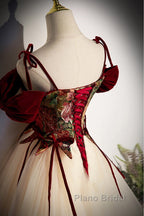 Flowers Champagne Long Tulle Formal Prom Dresses with Straps