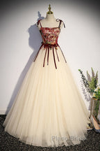 Flowers Champagne Long Tulle Formal Prom Dresses with Straps