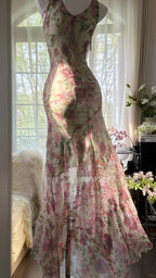Flowing Chiffon Sequin Print Pink Irregular Skirt Formal Prom Dresses