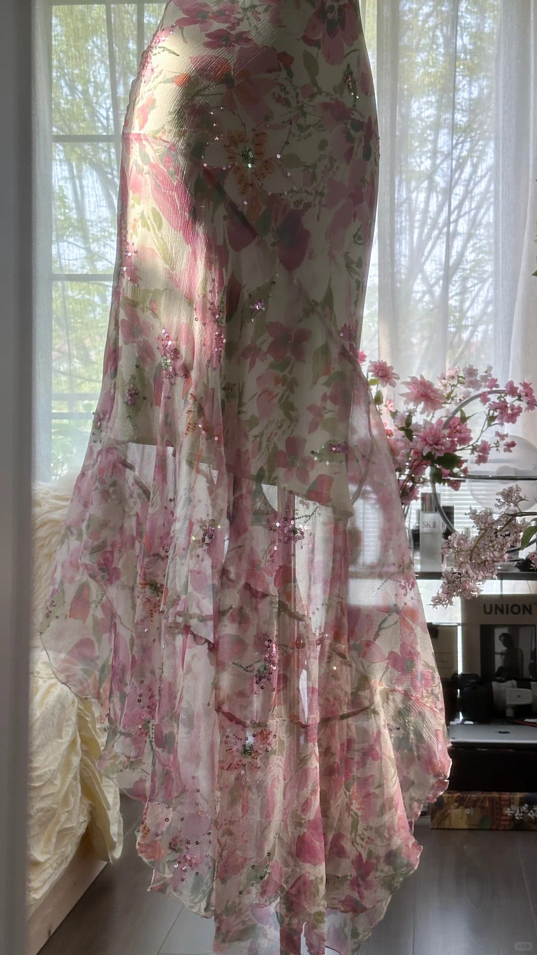 Flowing Chiffon Sequin Print Pink Irregular Skirt Formal Prom Dresses
