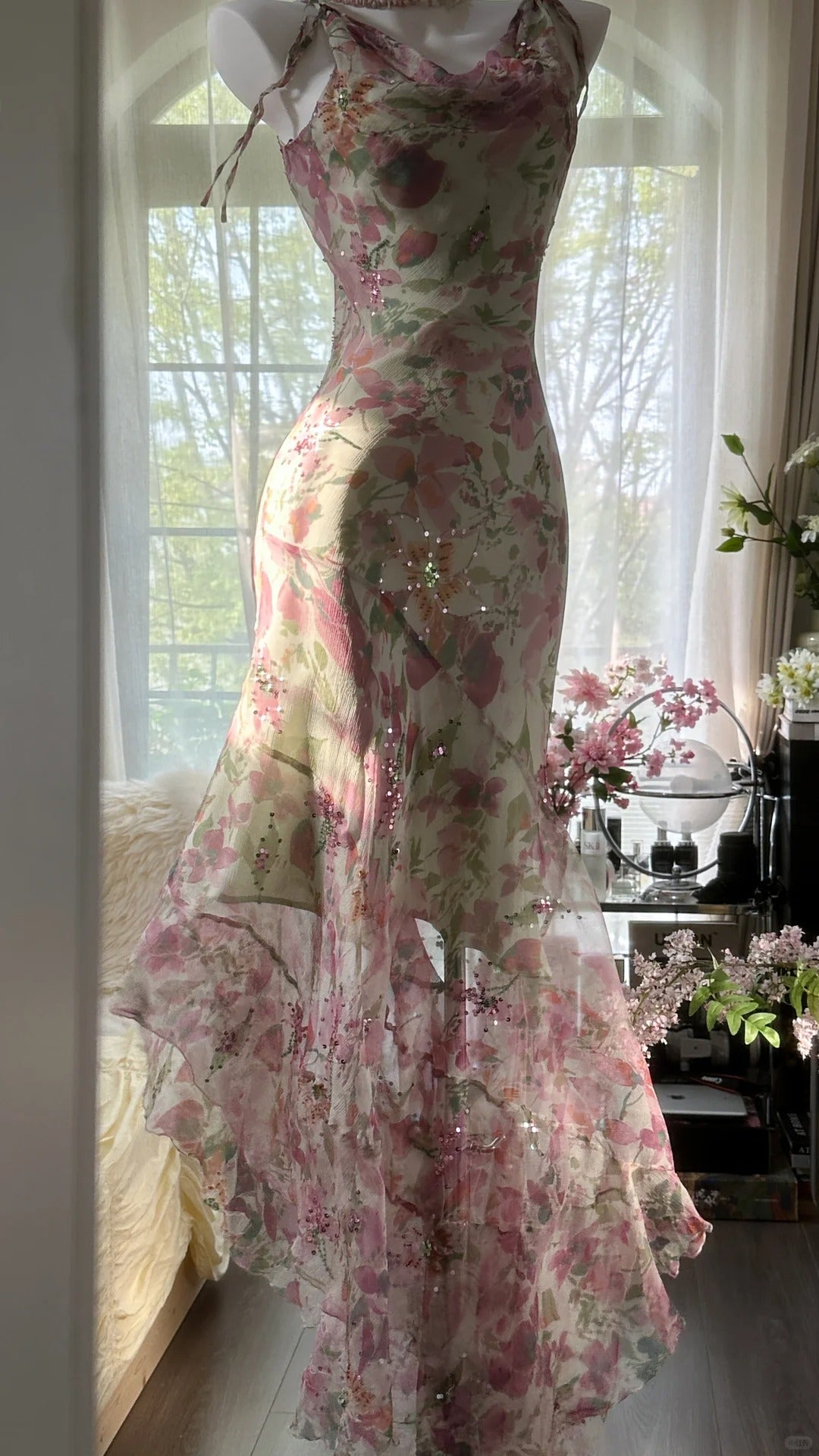 Flowing Chiffon Sequin Print Pink Irregular Skirt Formal Prom Dresses Main image