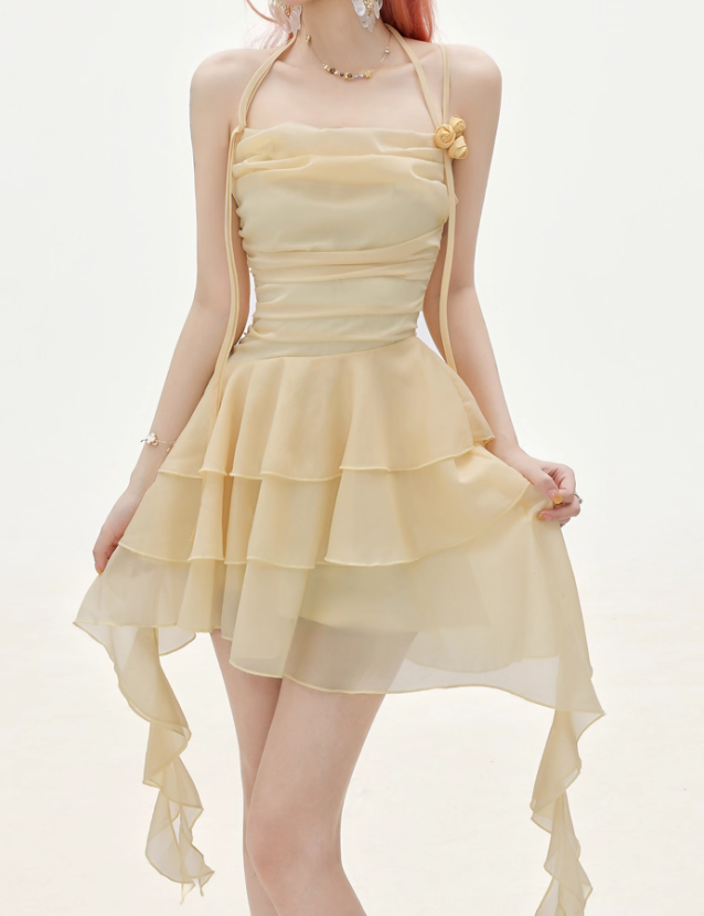 Flowy A Line Halter Layered Yellow Chiffon Open Back Short Homecoming Dresses Cocktail Dresses