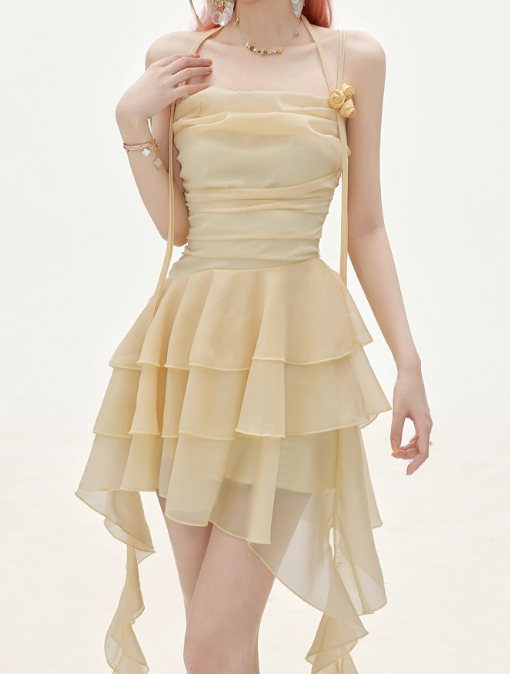 Flowy A Line Halter Layered Yellow Chiffon Open Back Short Homecoming Dresses Cocktail Dresses