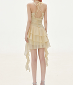 Flowy A Line Halter Layered Yellow Chiffon Open Back Short Homecoming Dresses Cocktail Dresses