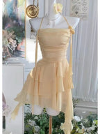 Flowy A Line Halter Layered Yellow Chiffon Open Back Short Homecoming Dresses Cocktail Dresses