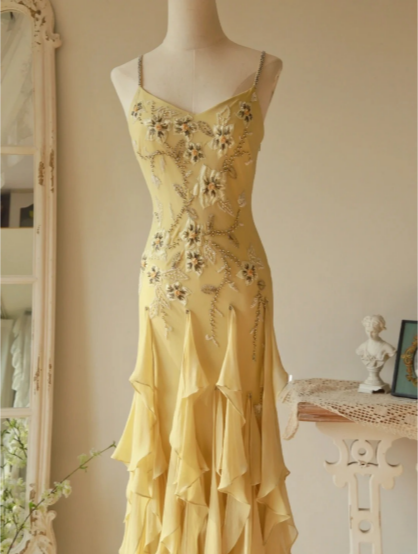 Flowy Strapless Yellow Beaded Jellyfish Skirt Chiffon Formal Prom Dresses Secondary image