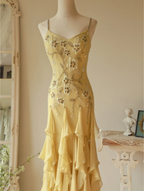 Flowy Strapless Yellow Beaded Jellyfish Skirt Chiffon Formal Prom Dresses