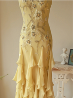 Flowy Strapless Yellow Beaded Jellyfish Skirt Chiffon Formal Prom Dresses