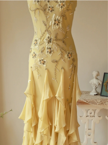 Flowy Strapless Yellow Beaded Jellyfish Skirt Chiffon Formal Prom Dresses